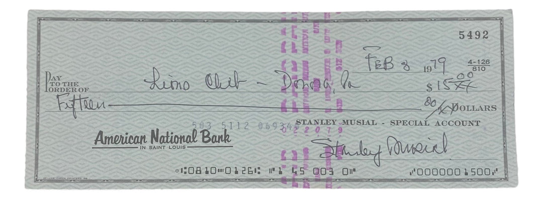 Stan Musial St. Louis Cardinals Signed  Bank Check #5492 BAS
