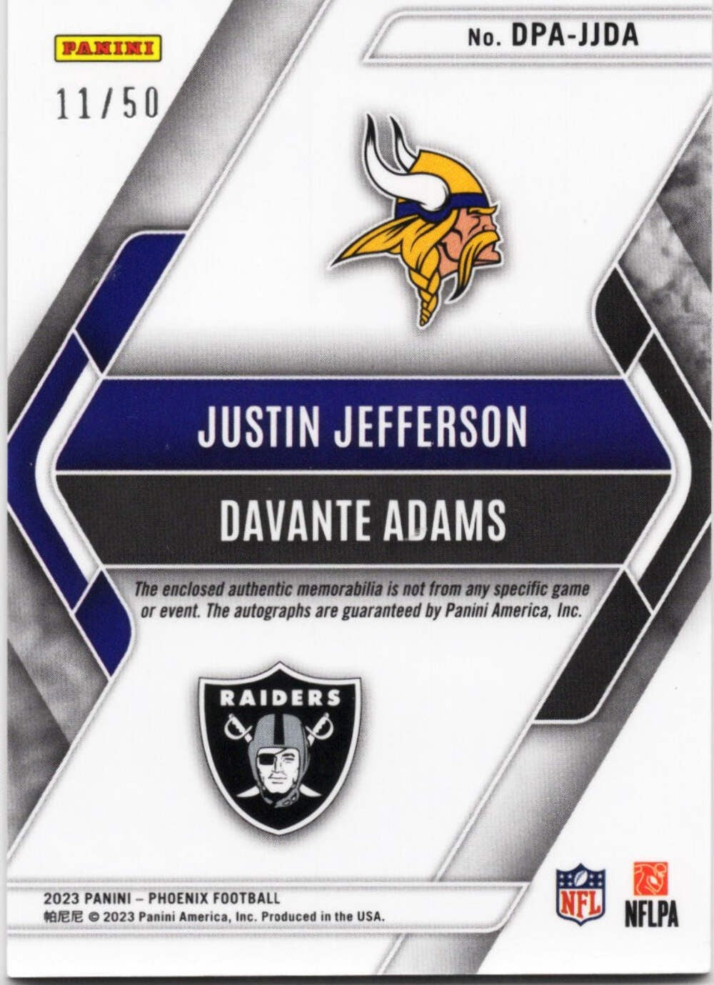 2023 Panini Phoenix Justin Jefferson/Davante Adams #DPAJJDA Patch Auto /50 Card