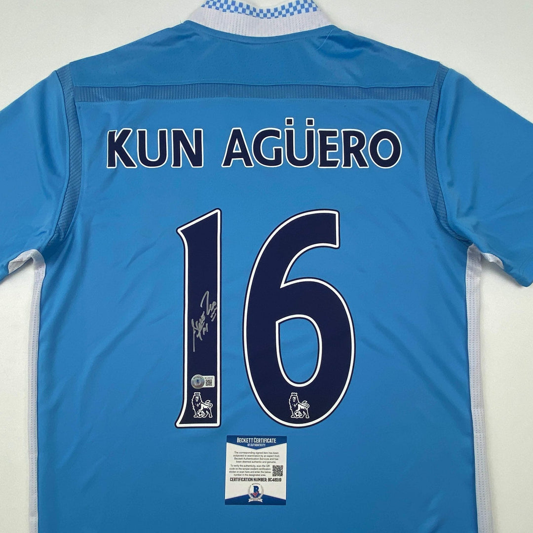 Autographed/Signed Sergio Kun Aguero Manchester City Blue Jersey Beckett BAS COA