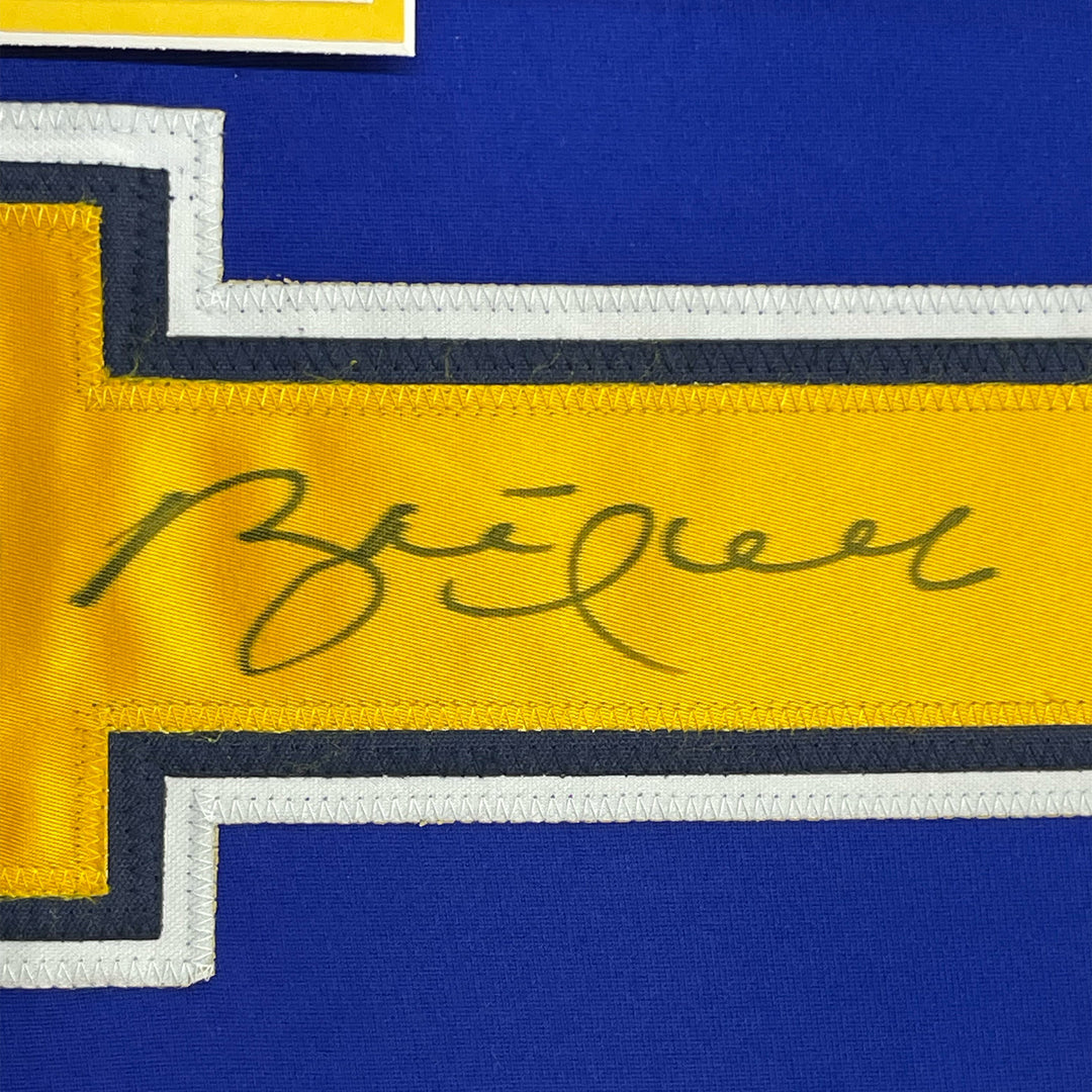 Framed Autographed/Signed Brett Hull 33x42 St. Louis Blue Hockey Jersey JSA COA