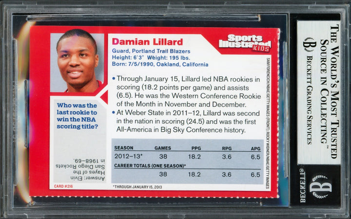 Damian Lillard Auto 2013 Sports Illustrated Kids RC 216 Trail Blazers Beckett
