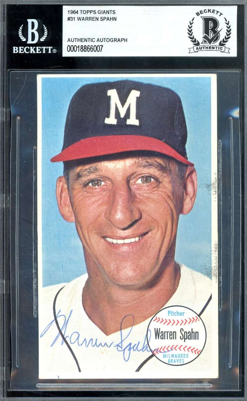 Warren Spahn Beckett BAS Signed 1964 Topps Giants Autograph