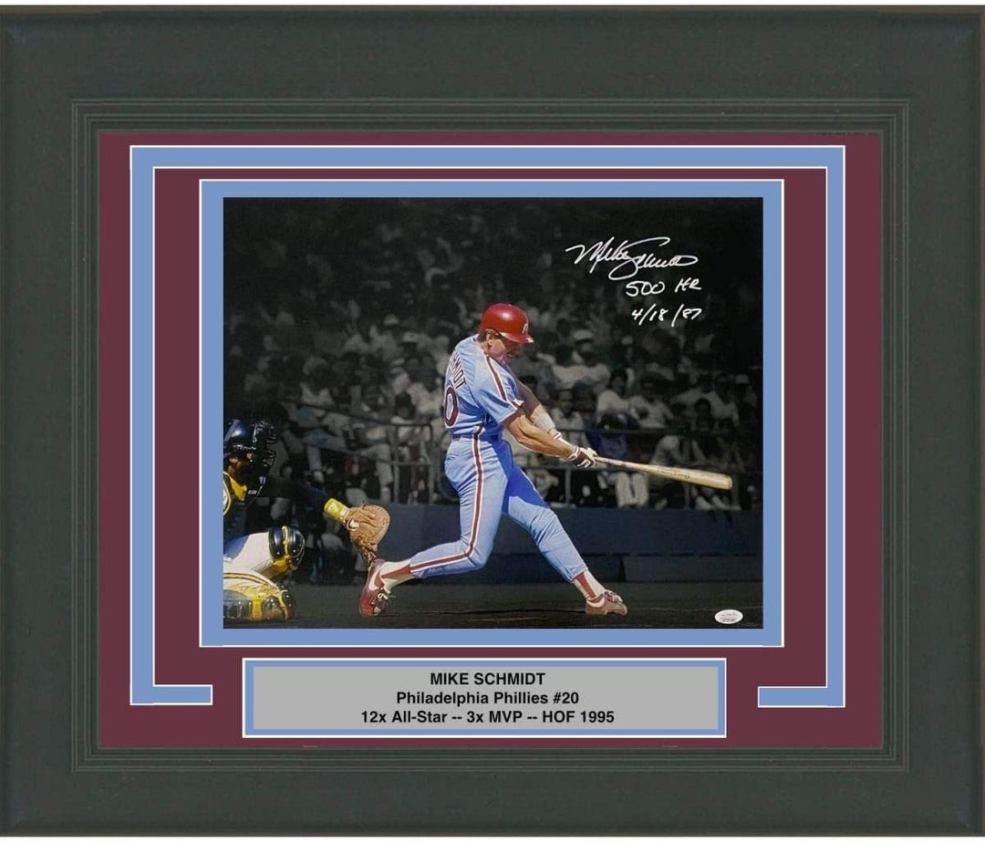FRAMED Autographed MIKE SCHMIDT 500th HR Inscription 16x20 Photo JSA COA
