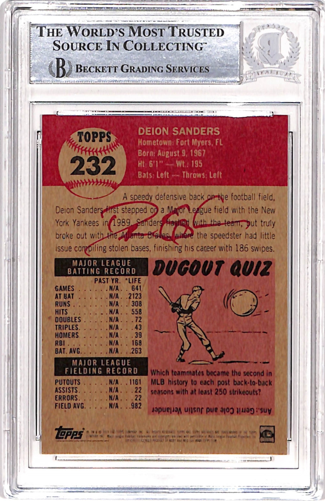 Deion Sanders Signed 2019 Topps Living #232 Trading Card Beckett 37145