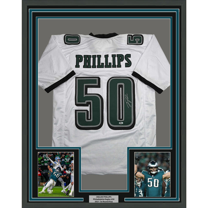 Framed Autographed/Signed Jaelan Phillips 35x39 Philly White Jersey PSA/DNA COA