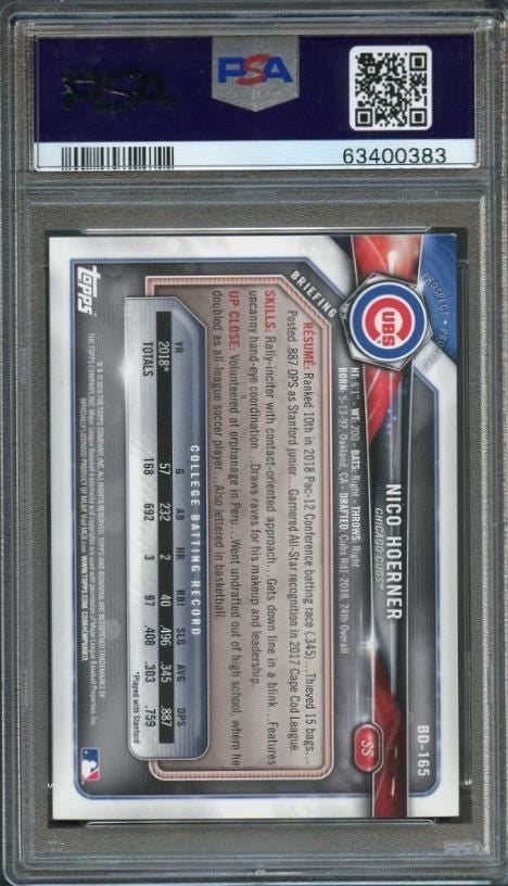 2018 Bowman Draft BD-165 Nico Hoerner Signed Card PSA Slabbed Auto Grade 10 Cubs