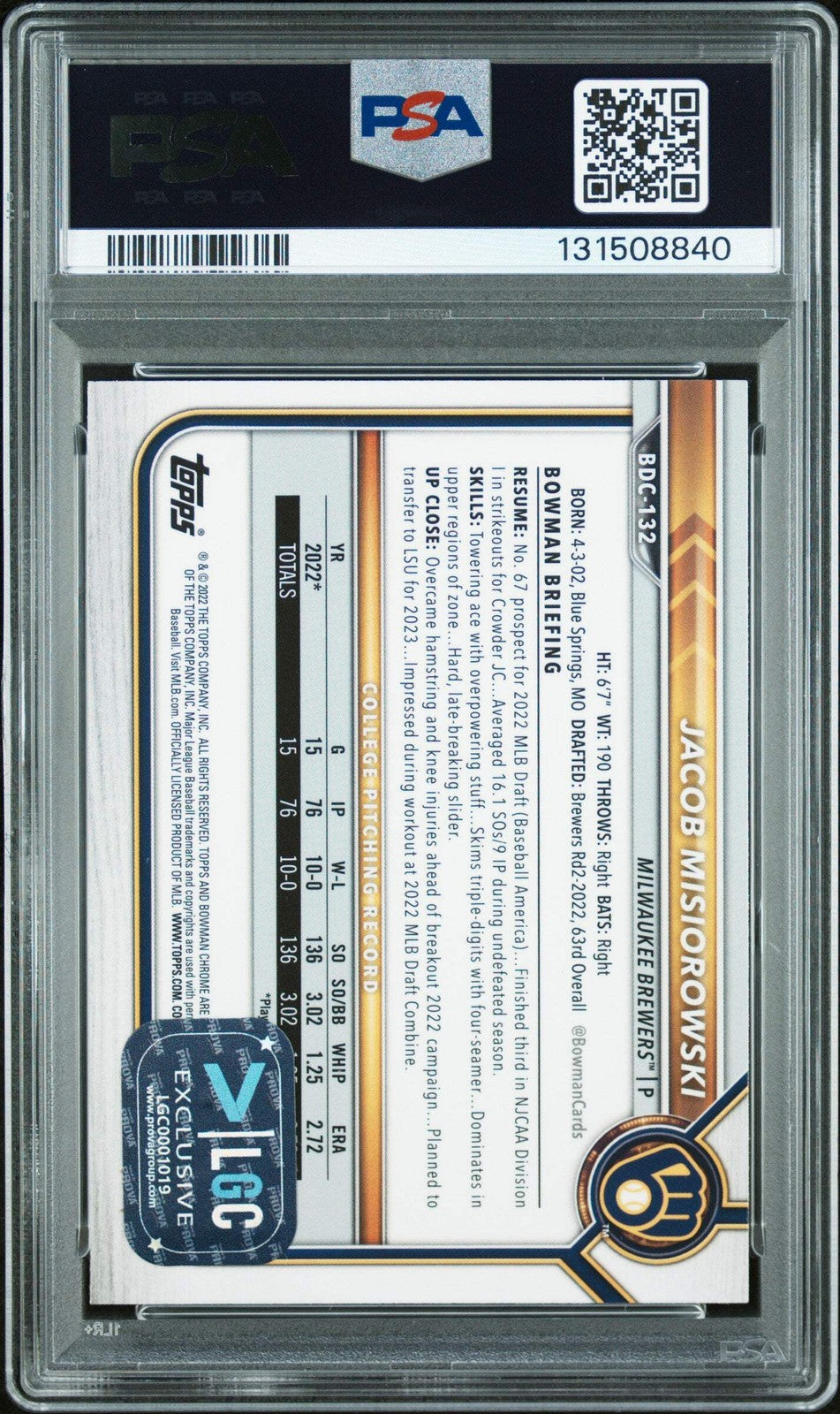 Graded 2022 Bowman Draft Jacob Misiorowski #BDC132 Chrome Rookie Card PSA 9 Auto