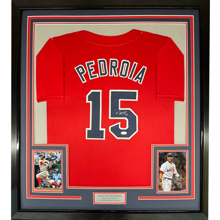 Framed Autographed/Signed Dustin Pedroia 35x39 Boston Red Jersey JSA COA