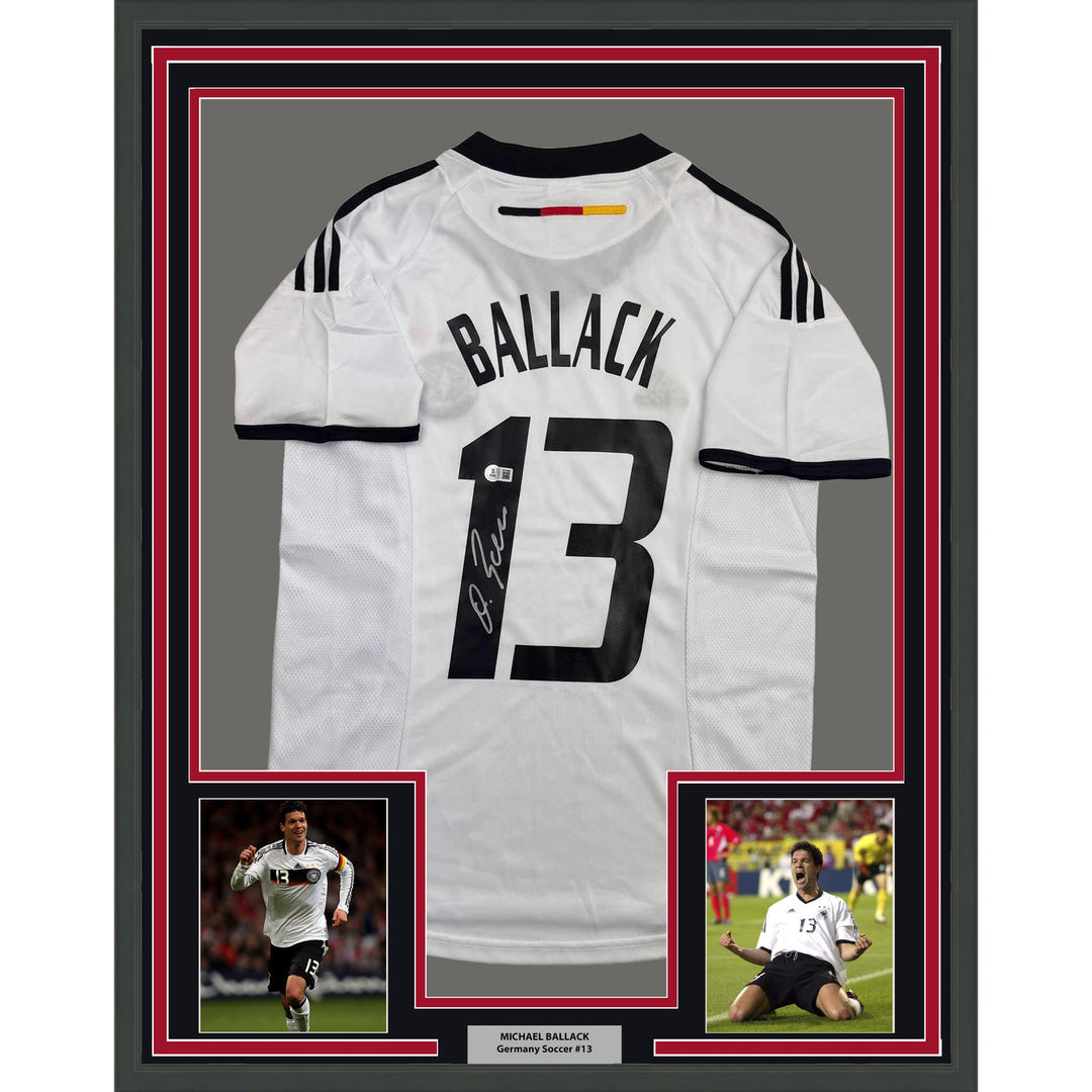 Framed Autographed/Signed Michael Ballack 35x39 Germany White Jersey Beckett COA