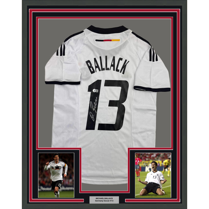 Framed Autographed/Signed Michael Ballack 35x39 Germany White Jersey Beckett COA