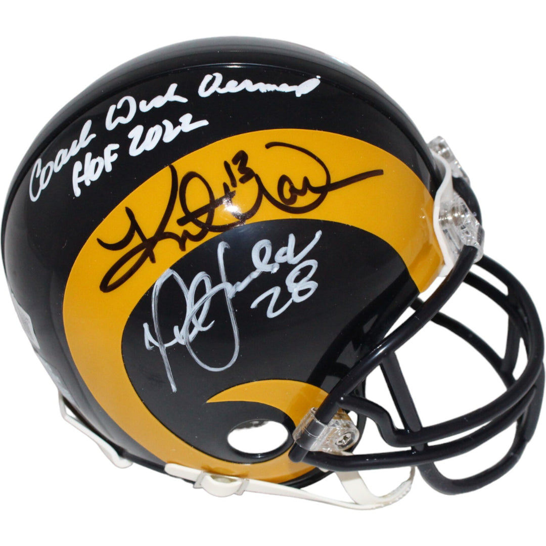 Kurt Warner Marshall Faulk Dick Vermiel LA Rams Mini Helmet Beckett 42293