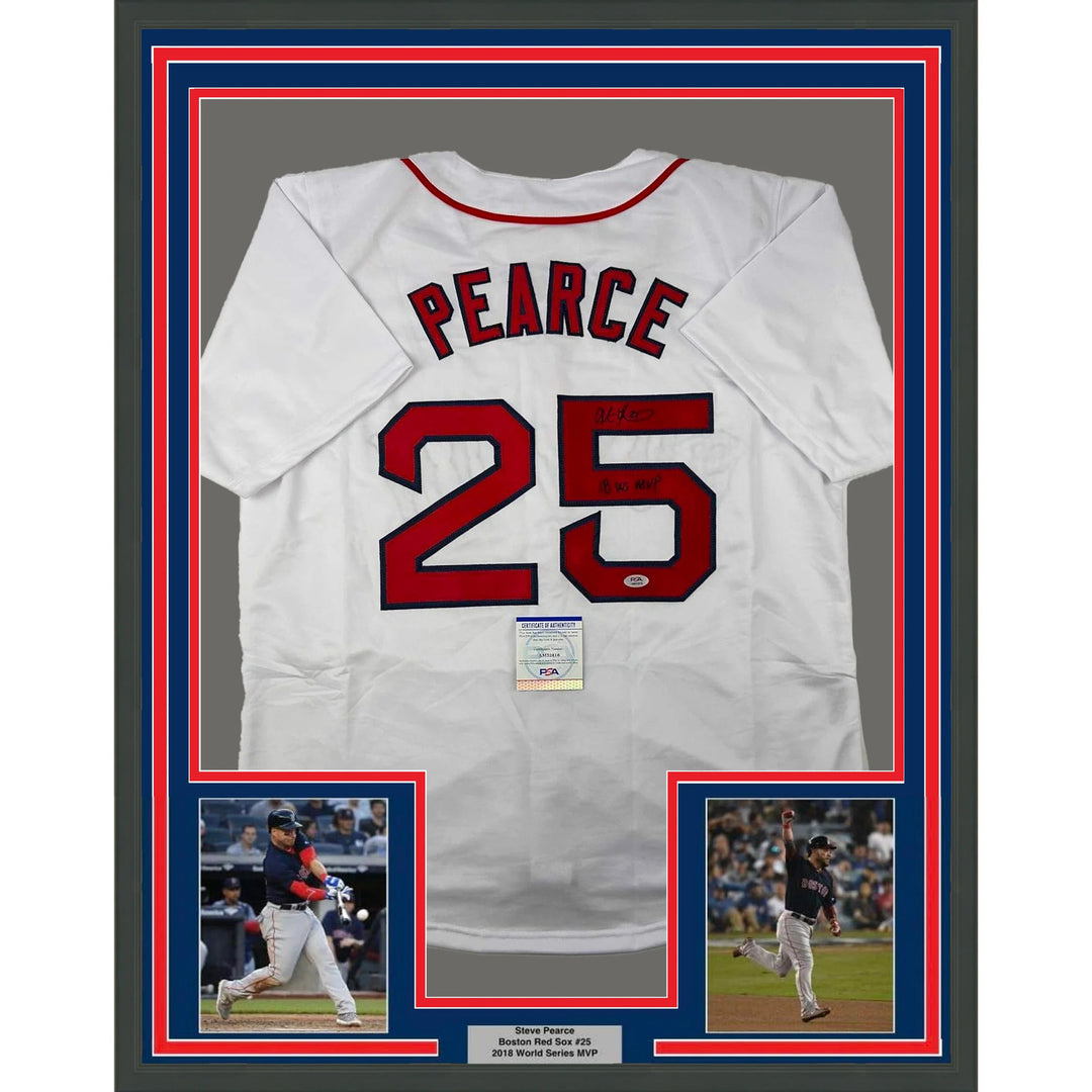 Framed Autographed/Signed Steve Pearce 33x42 18 WS MVP White Jersey PSA/DNA COA