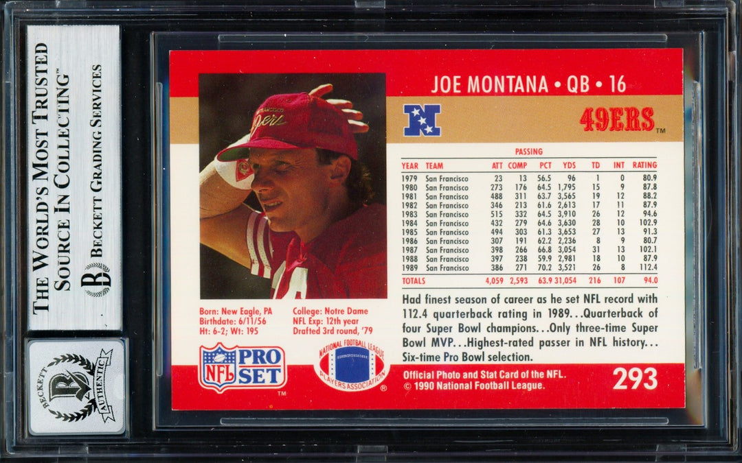 Joe Montana Signed 1990 Pro Set Card 293 San Francisco 49ers Auto GM 10 Beckett