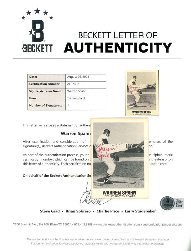 Warren Spahn Beckett BAS Signed 1977 TCMA Renata Galasso Autograph