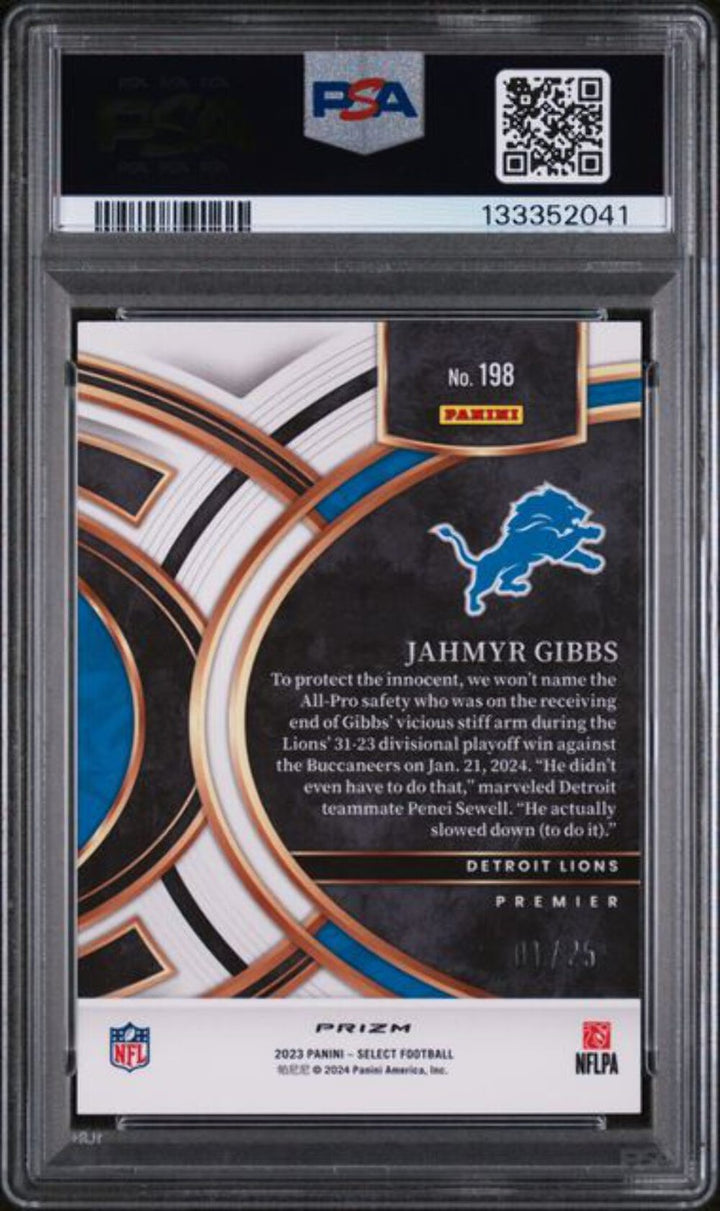 Graded 2023 Panini Select Jahmyr Gibbs #198 /25 Blue Disco Rookie Card PSA 9