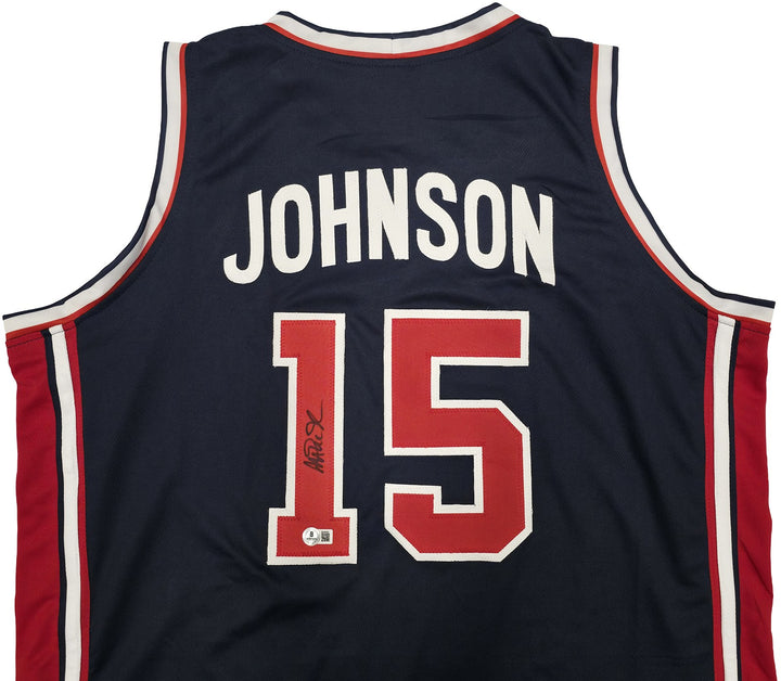 Team USA Magic Johnson Autographed Blue Jersey Beckett BAS QR