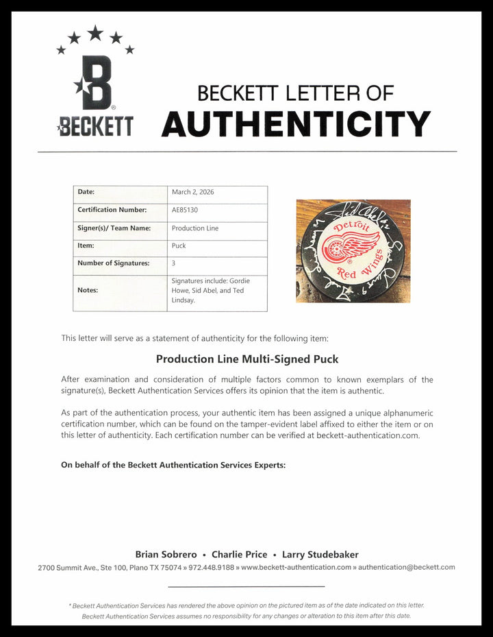 Gordie Howe, Sid Abel, & Ted Lindsay Red Wings Logo Puck Production Auto Beckett