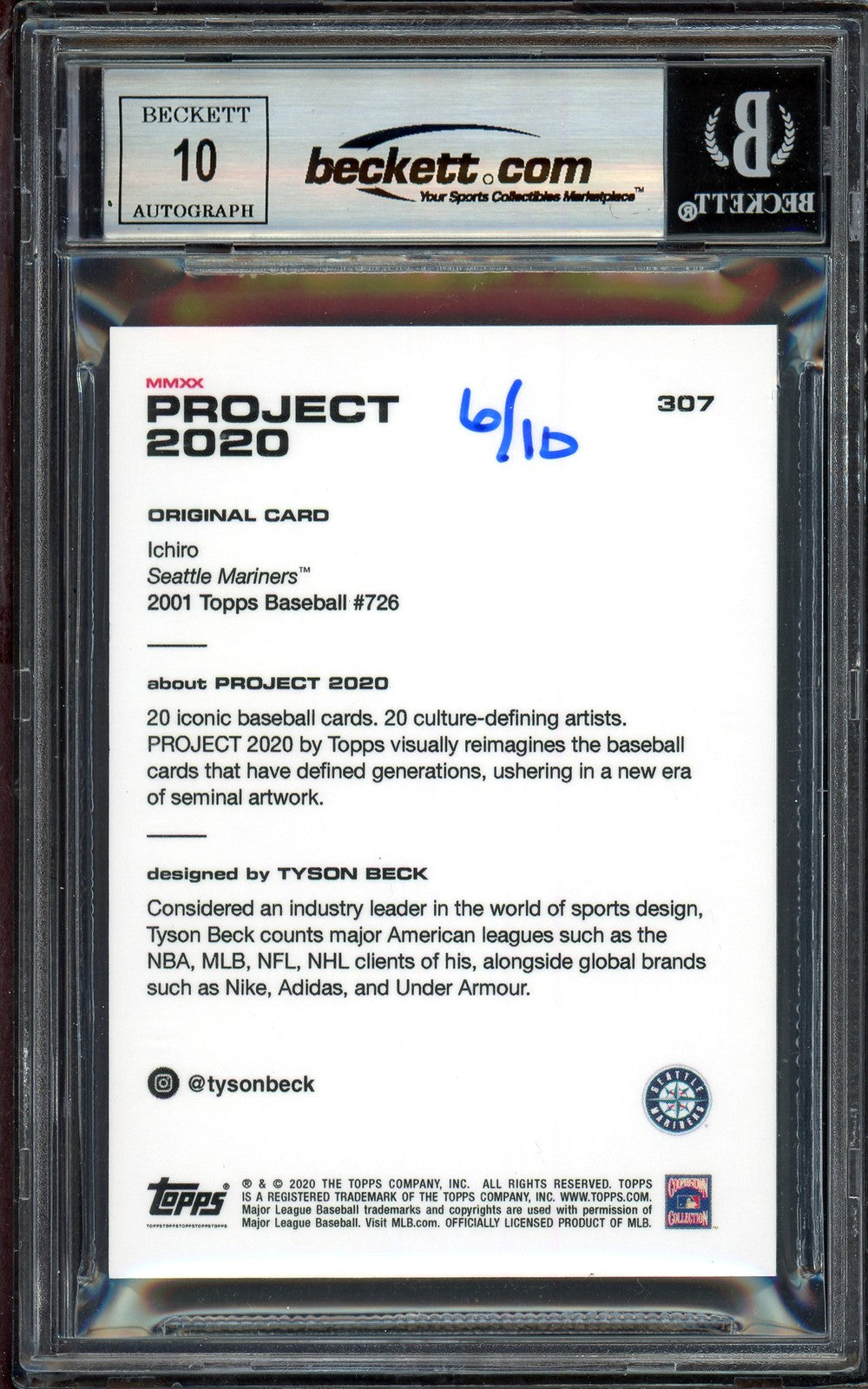 Ichiro Suzuki Auto Topps Project 2020 Tyson Beck Card 307 Sig 10 /10 BAS