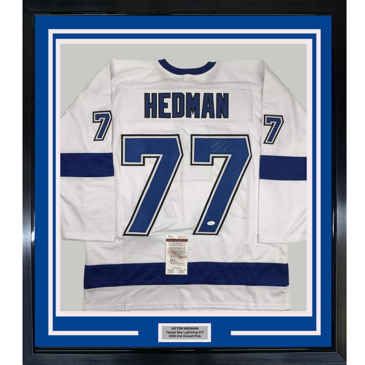 FRAMED Autographed/Signed VICTOR HEDMAN 33x42 Tampa Bay White Jersey JSA COA