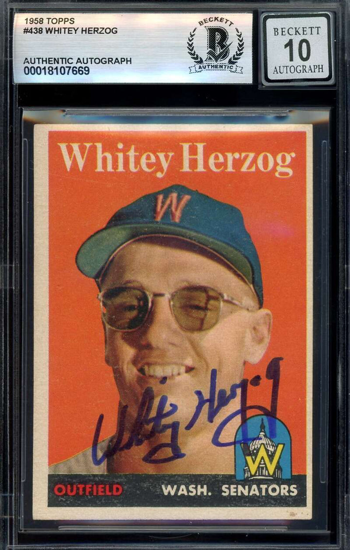 Whitey Herzog Gem Mint 10 Beckett BAS Signed 1958 Topps Autograph