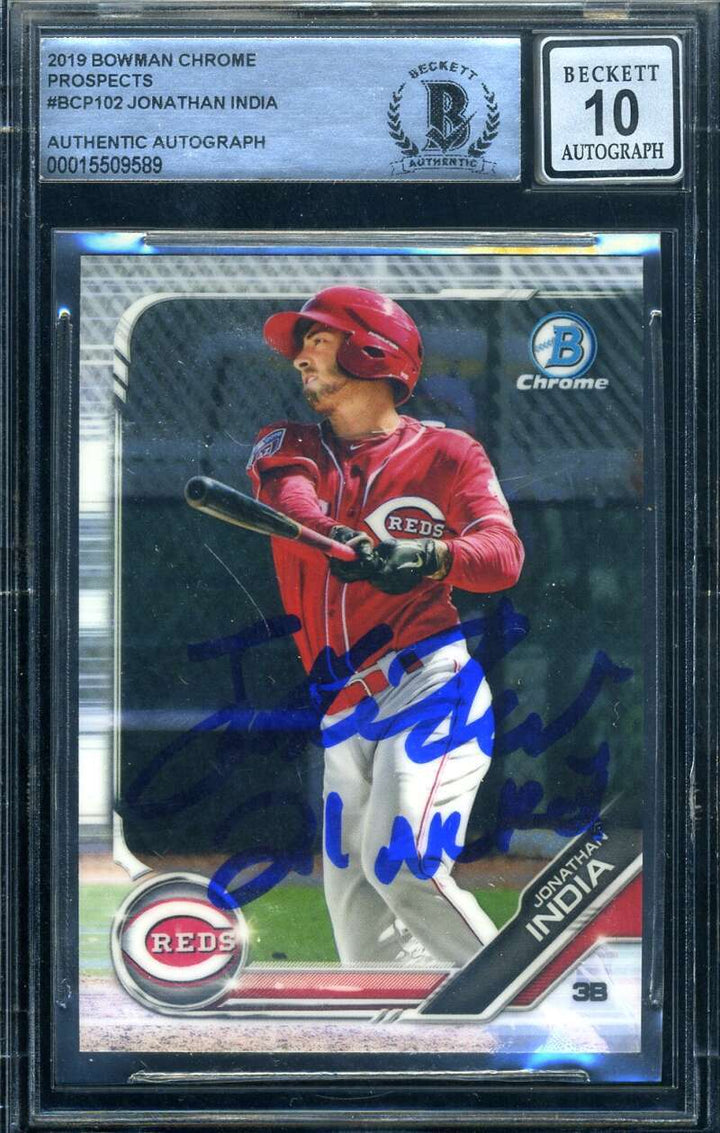 Johnathan India Gem Mint 10 Beckett Signed 2019 Bowman Chrome Prospects Rookie A