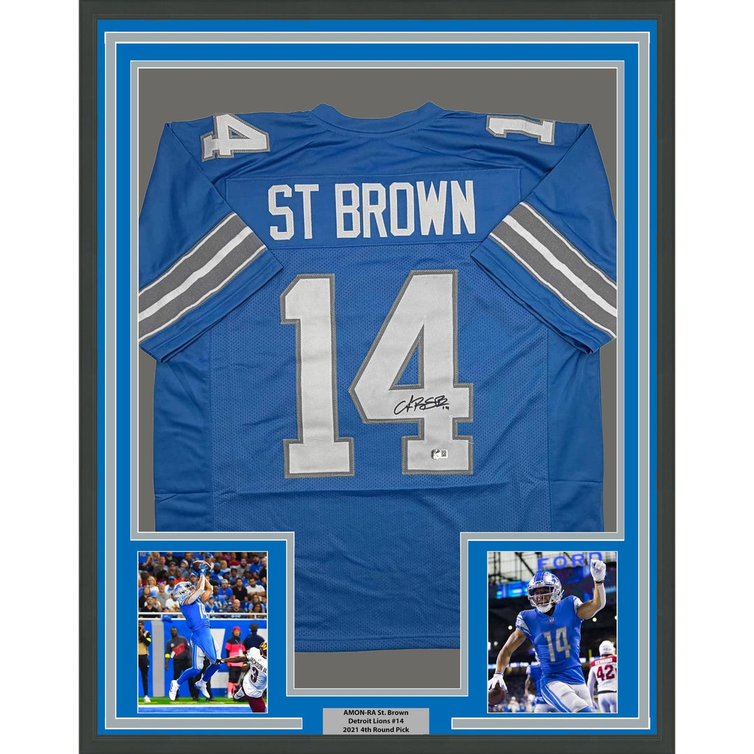 Framed Signed Amon-Ra St Brown 35x39 Detroit Blue Jersey Beckett COA