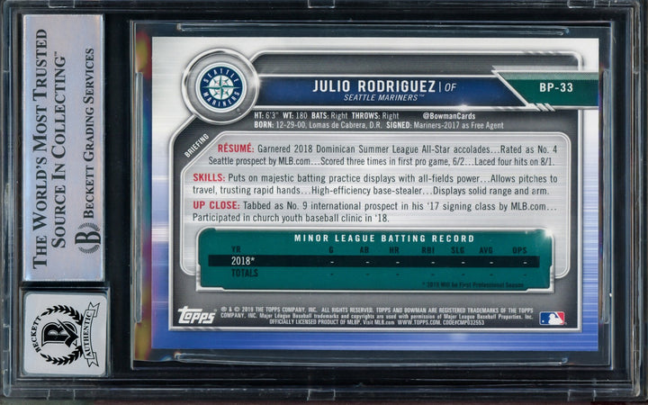 Julio Rodriguez Auto 2019 1st Bowman Paper RC BP33 Mariners BGS 9 Sig 10 Beckett