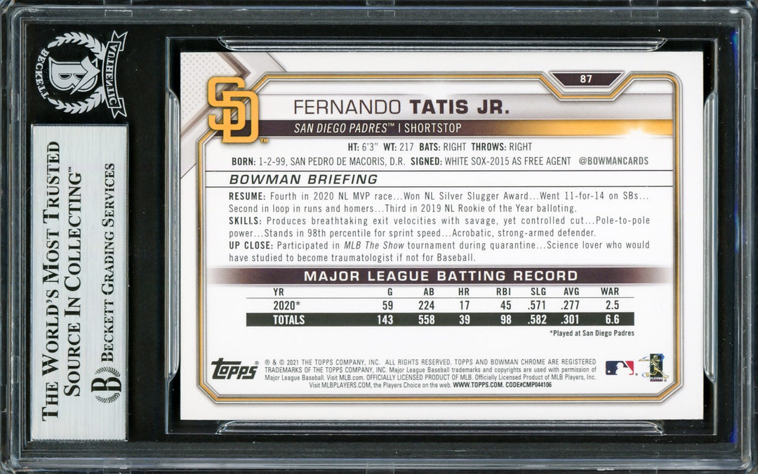 Fernando Tatis Jr. Signed 2021 Bowman Card 87 San Diego Padres Beckett