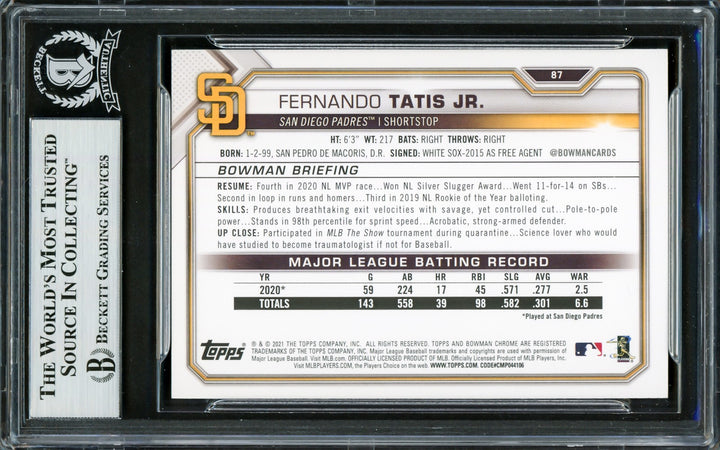 Fernando Tatis Jr. Signed 2021 Bowman Card 87 San Diego Padres Beckett
