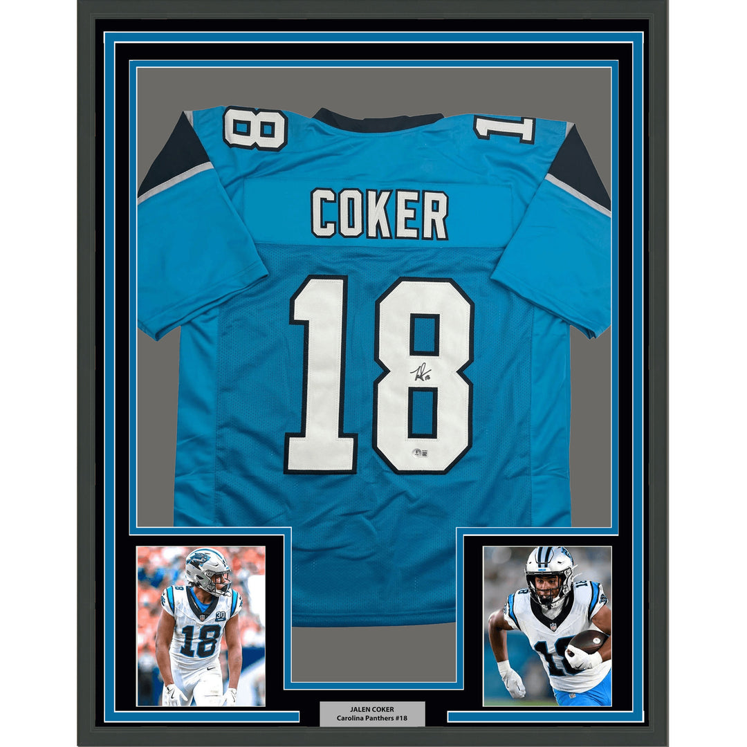 Framed Autographed/Signed Jalen Coker 35x39 Carolina Blue Jersey BAS COA