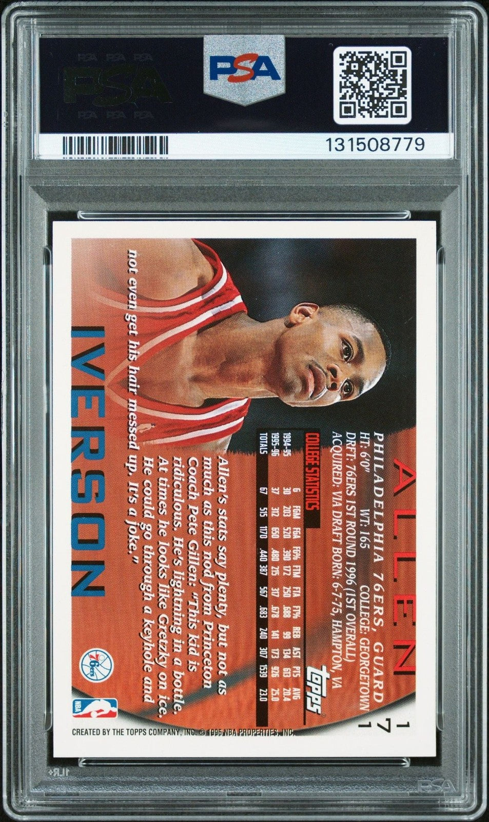 Graded 1996 Topps Allen Iverson #171 Rookie Card PSA 10 Auto Grade