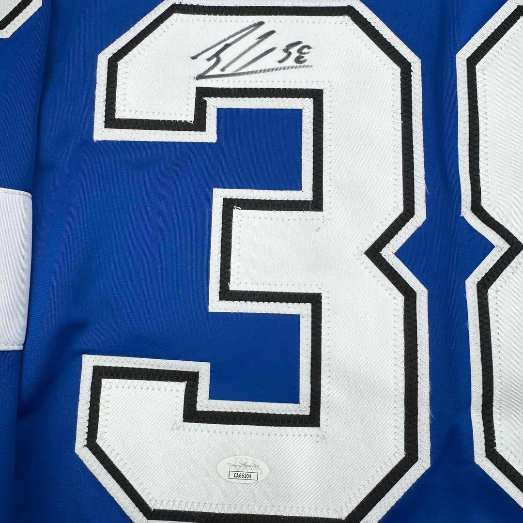 Framed Autographed/Signed Brandon Hagel 35x39 Tampa Bay Blue Jersey JSA COA
