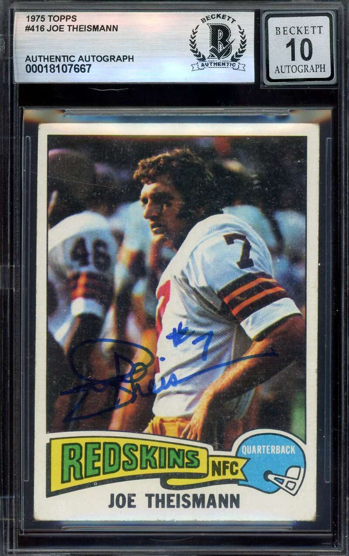 Joe Theismann Gem Mint 10 Beckett BAS Signed 1975 Topps Autograph