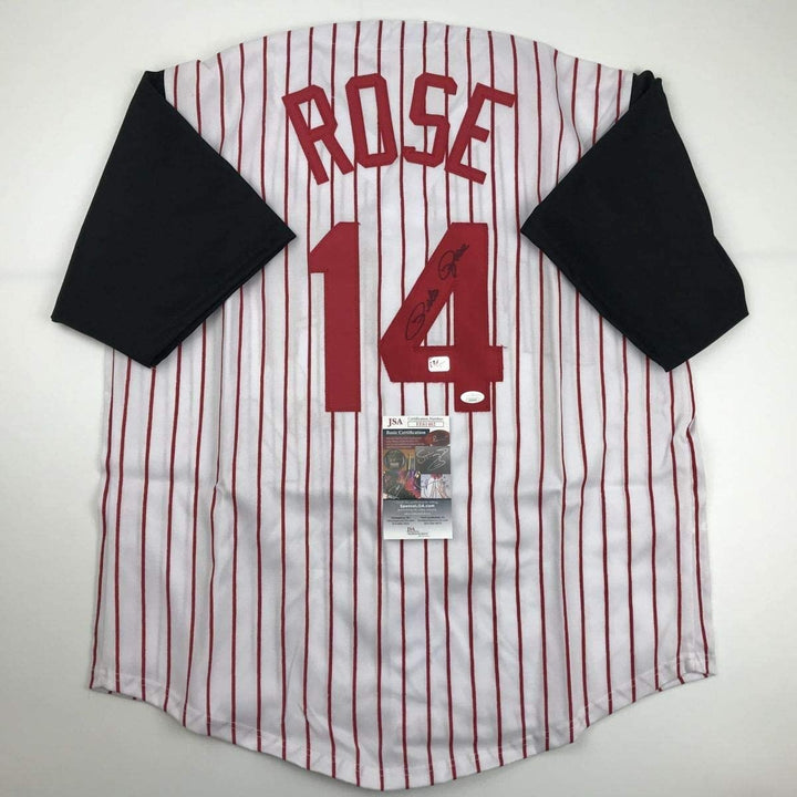 Autographed/Signed PETE ROSE Cincinnati Pinstripe Jersey JSA COA Auto