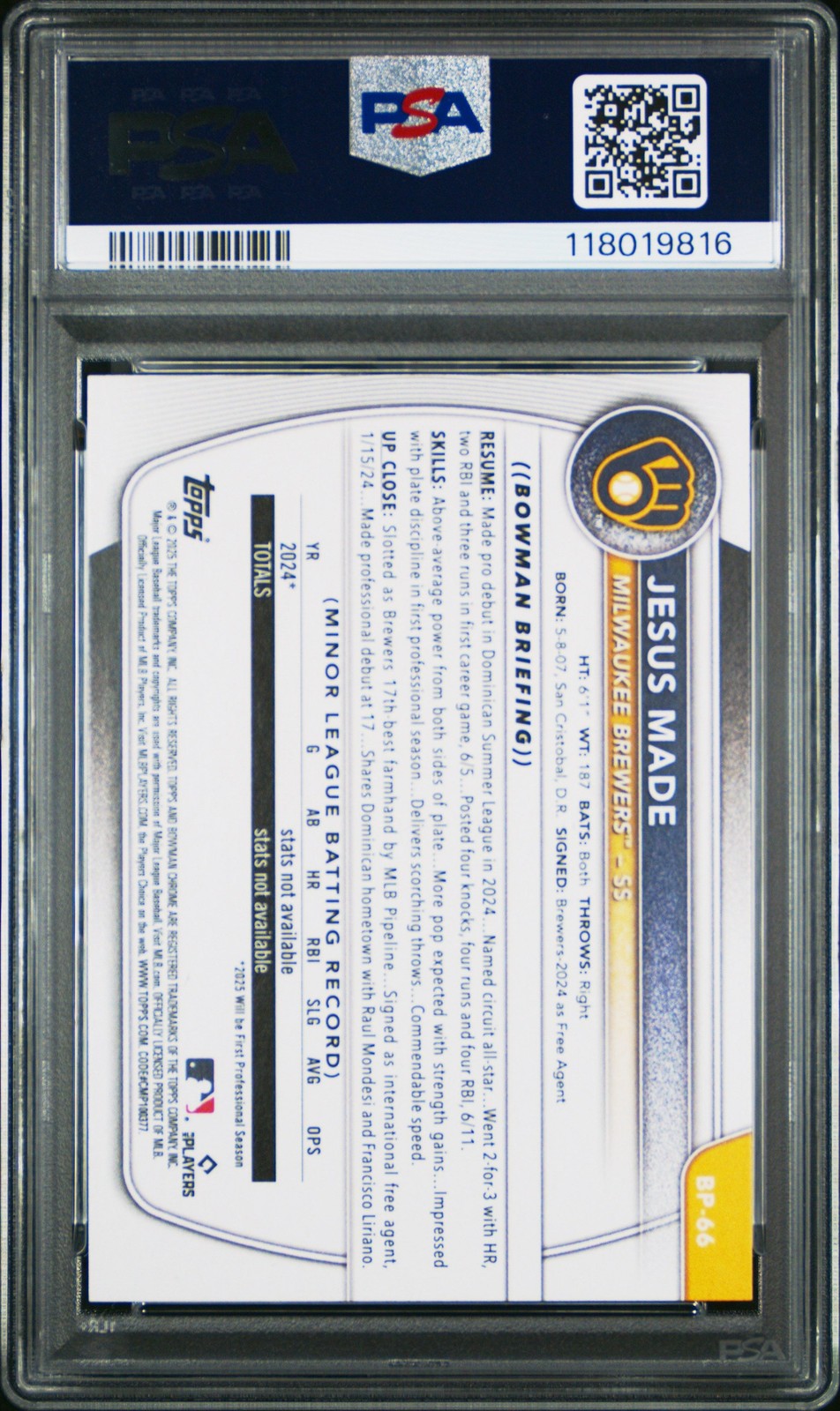 Graded 2025 Topps Bowman Jesus Made #BP66 Paper Rookie RC Card PSA 10