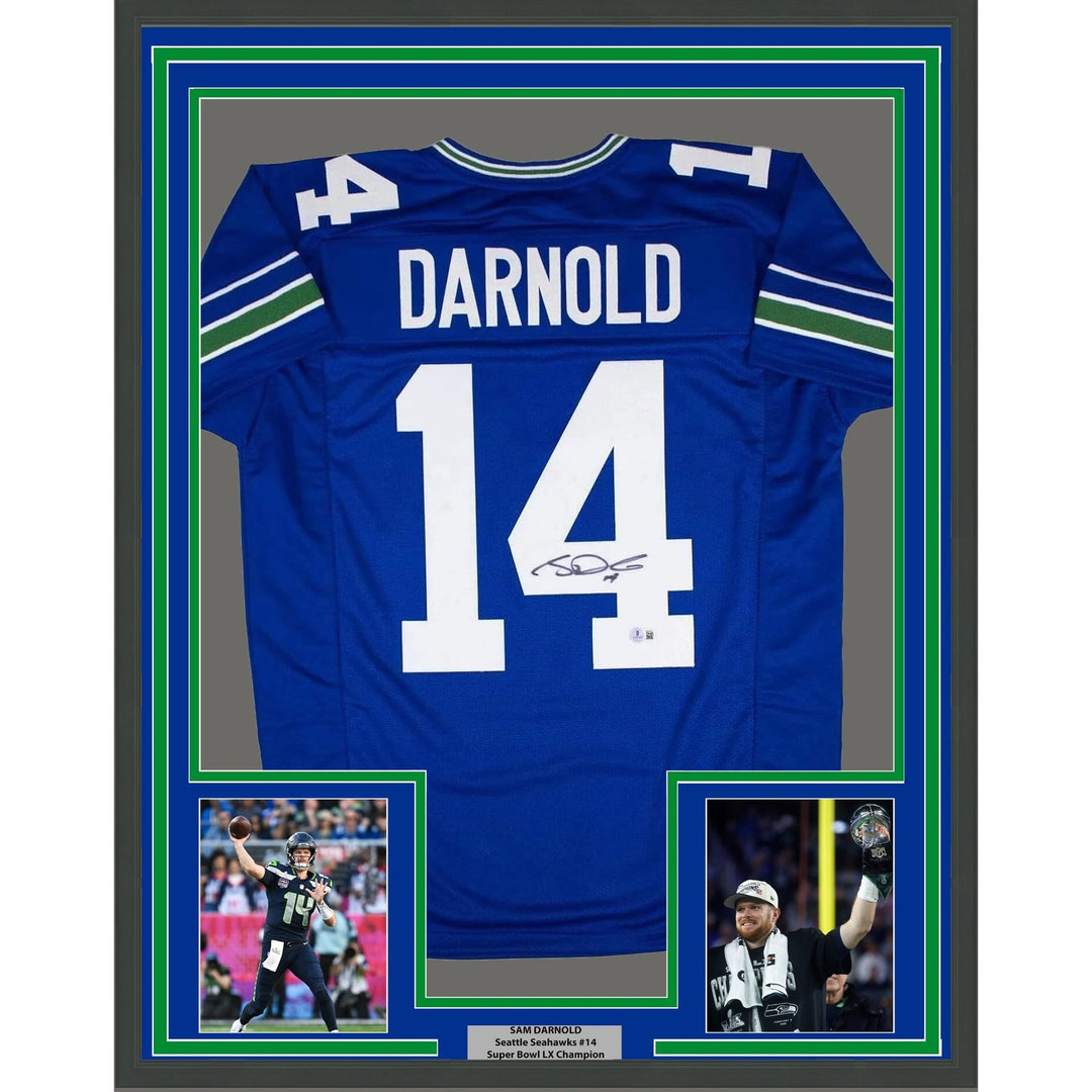Framed Autographed/Signed Sam Darnold 35x39 Seattle Blue Jersey Beckett COA