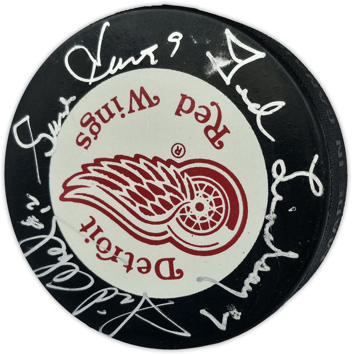 Gordie Howe, Sid Abel, & Ted Lindsay Red Wings Logo Puck Production Auto Beckett