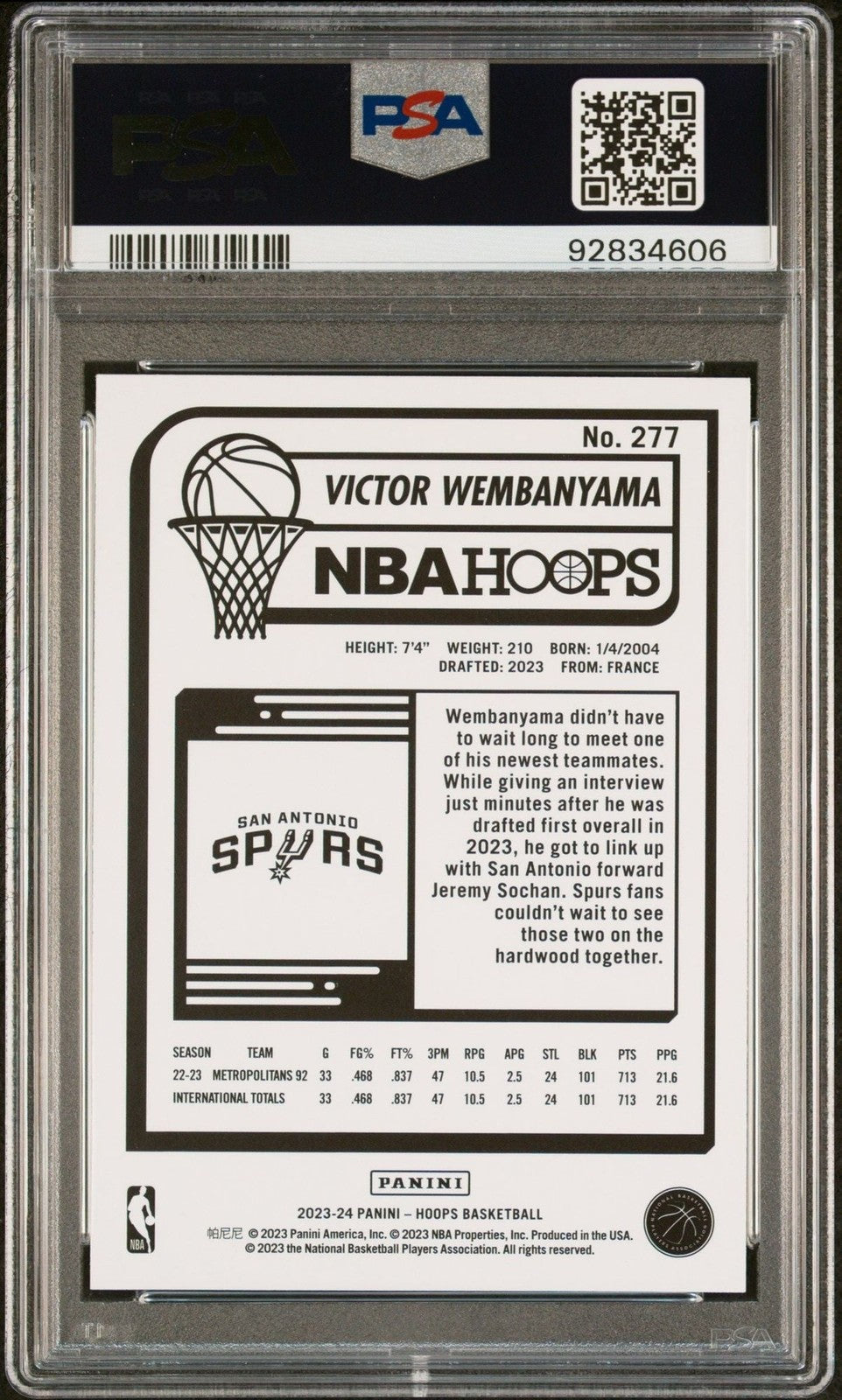 Graded 2023 Panini Hoops Victor Wembanyama #277 Winter Rookie RC Card PSA 10 Gem