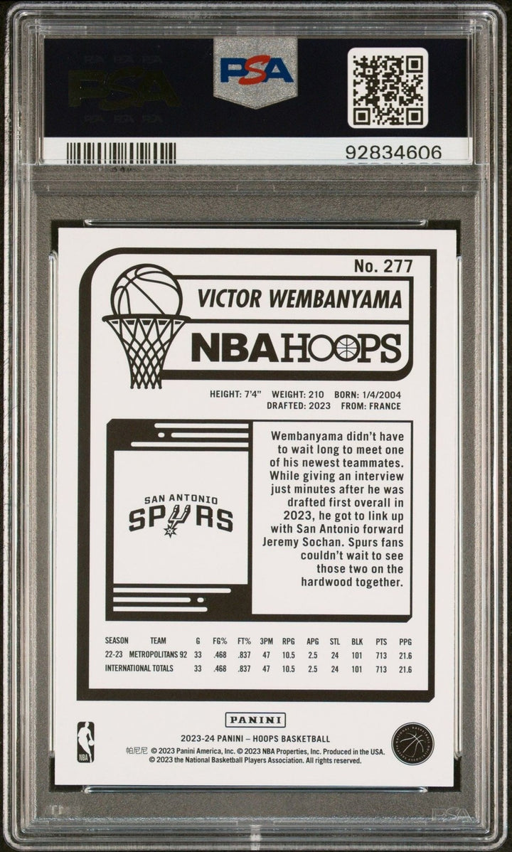 Graded 2023 Panini Hoops Victor Wembanyama #277 Winter Rookie RC Card PSA 10 Gem