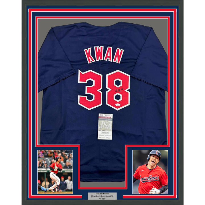 Framed Autographed/Signed Steven Kwan 35x39 Cleveland Blue Jersey JSA COA