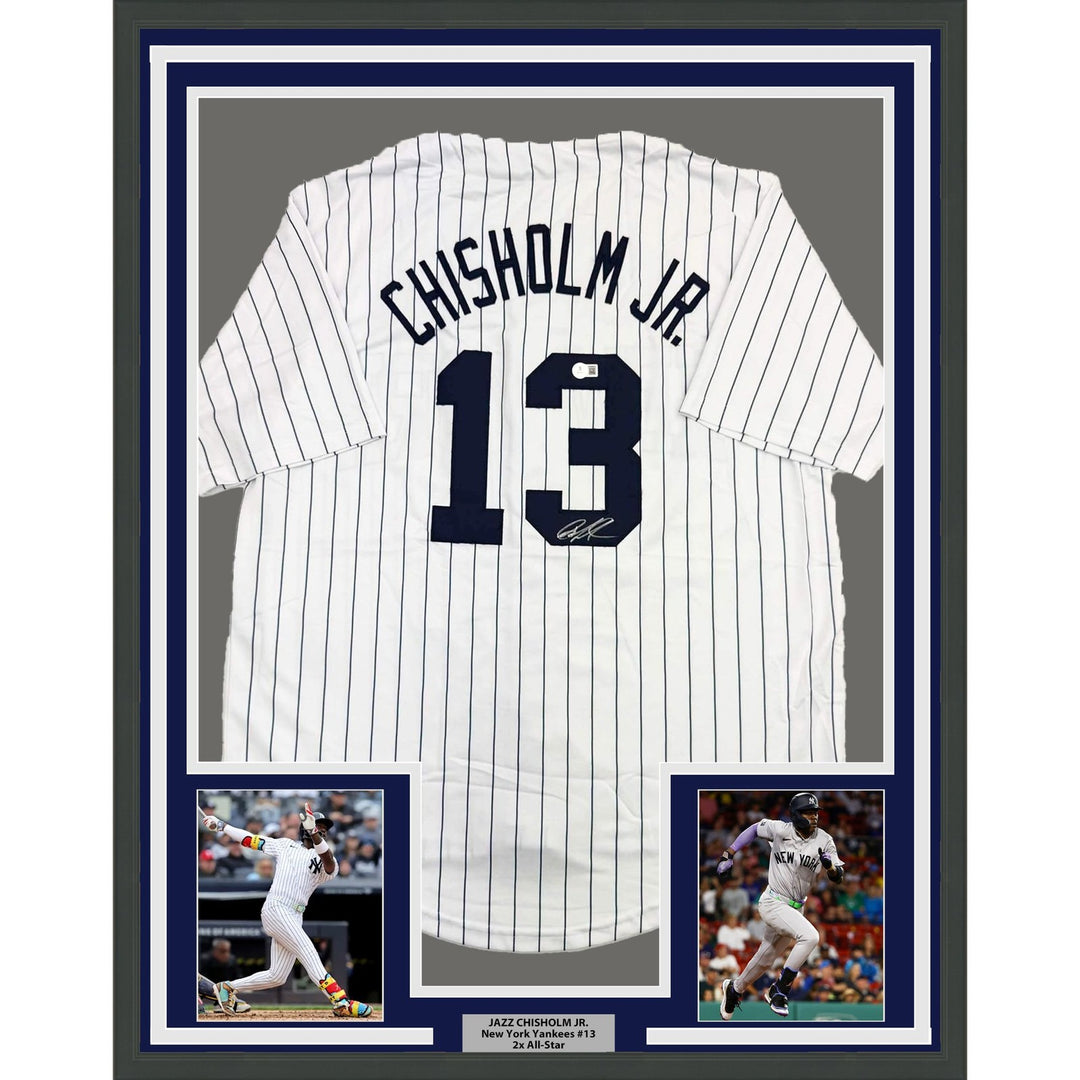 Framed Autographed/Signed Jazz Chisholm Jr. 35x39 NY Pinstripe Jersey COA