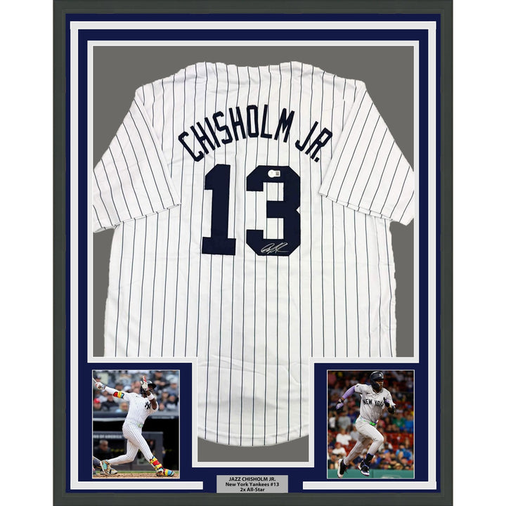 Framed Autographed/Signed Jazz Chisholm Jr. 35x39 NY Pinstripe Jersey COA