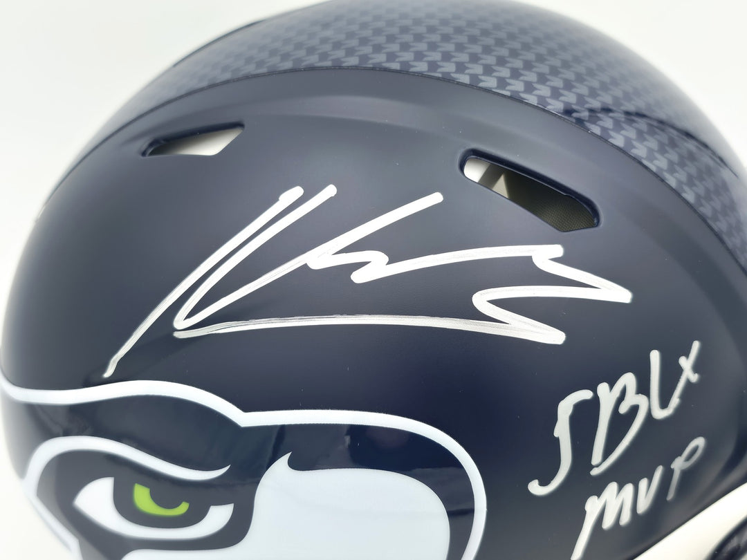 Kenneth Walker III Auto Seahawks Blue Full Sz SB LX Champions Logo Speed Helmet
