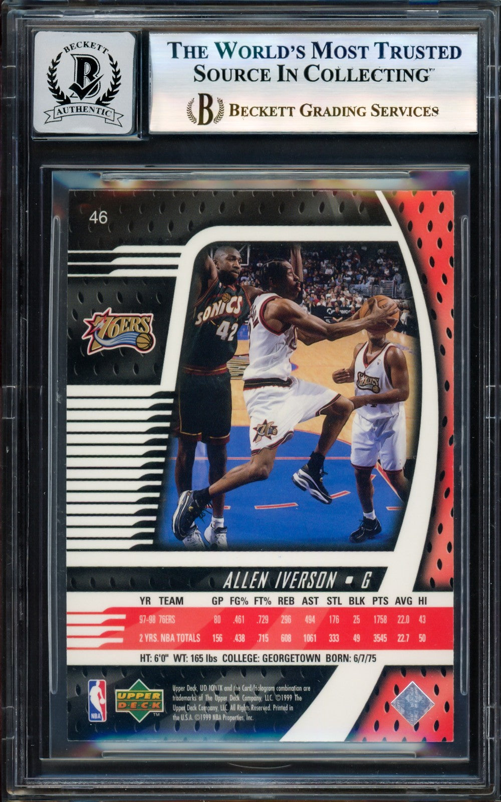 Allen Iverson Signed 1998-99 UD Ionix Card 46 Card 76ers Auto GM 10 Beckett Wit