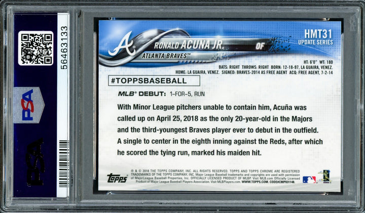 Ronald Acuna Jr Signed 2018 Topps Chrome Update RC HMT31 PSA 10 Sig 9 PSA/DNA