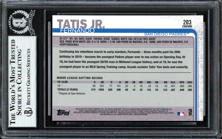 Fernando Tatis Jr. Signed 2019 Topps Chrome RC 203 Padres (Bubbling) Beckett