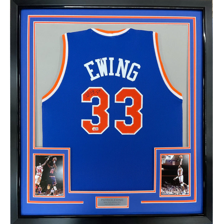 Framed Autographed/Signed Patrick Ewing 33x42 New York Blue Jersey BAS COA