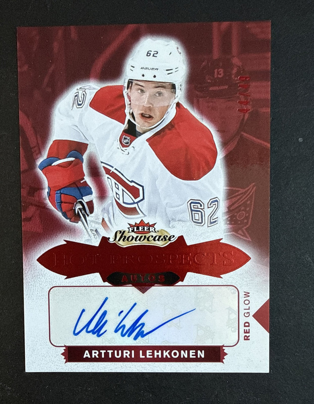 2016 Fleer Showcase Hot Prospects Artturi Lehkonen #180 Red Glow /49 Mint Auto