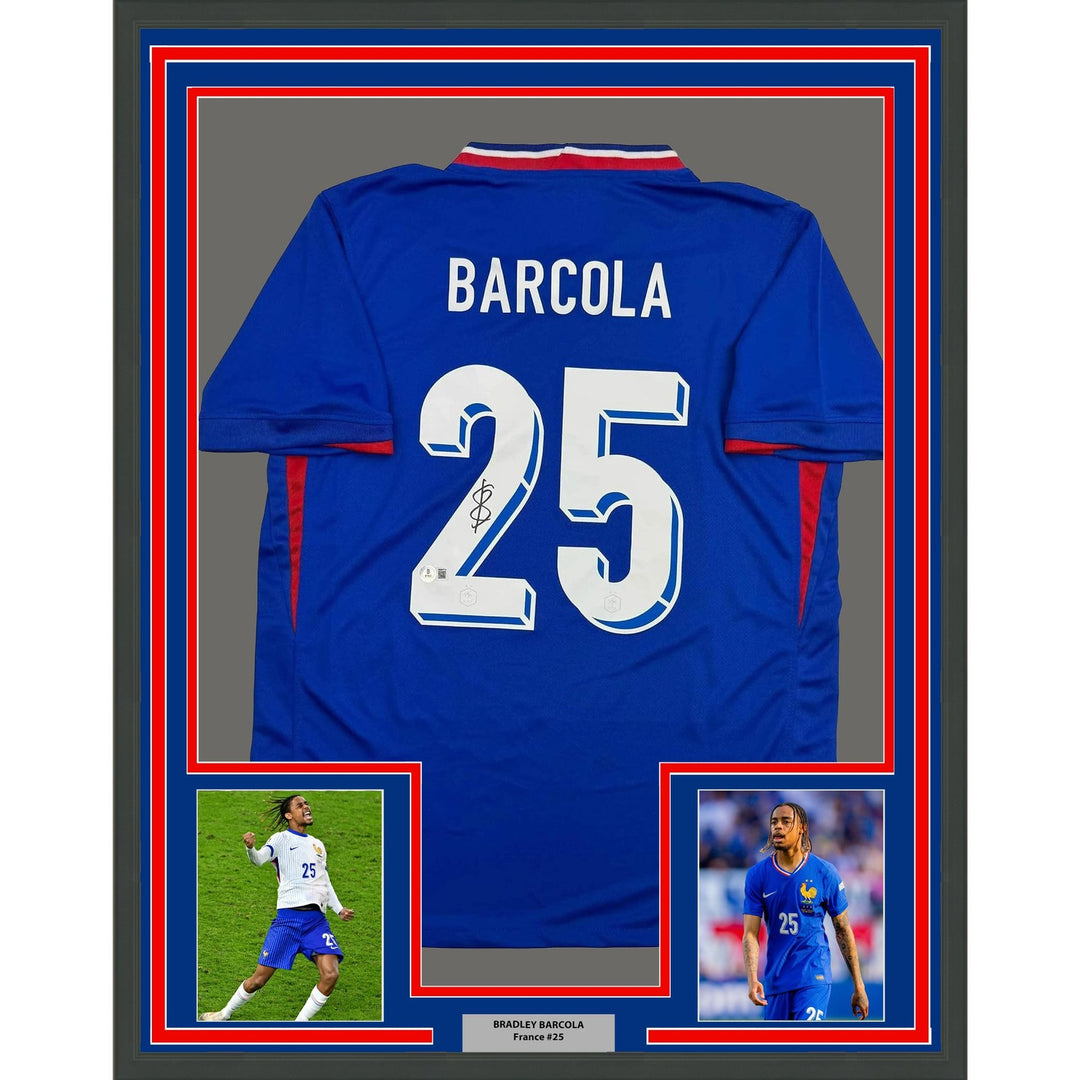 Framed Autographed/Signed Bradley Barcola 35x39 France Blue Jersey BAS COA