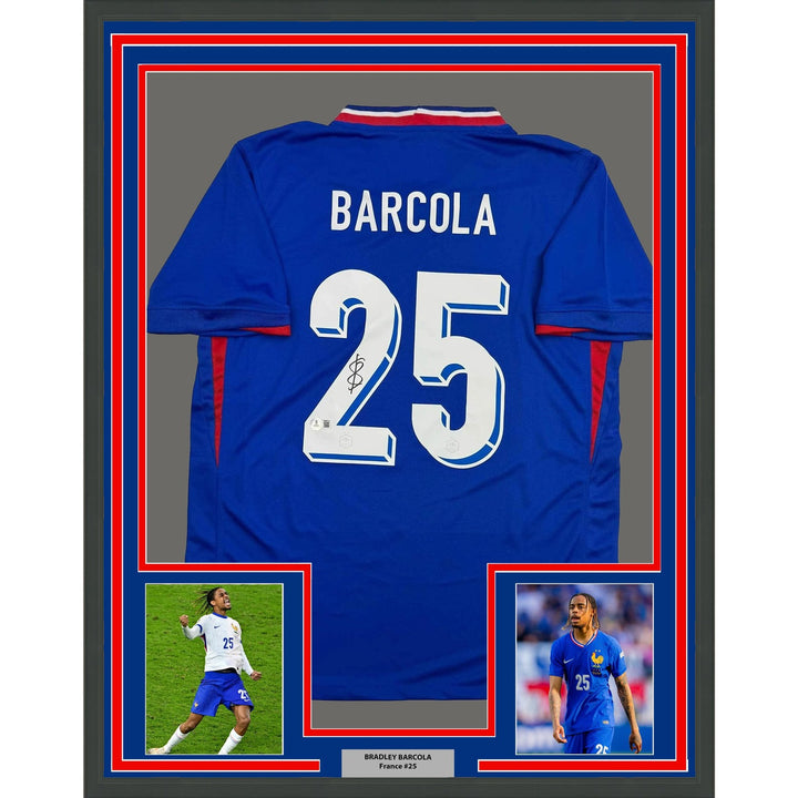 Framed Autographed/Signed Bradley Barcola 35x39 France Blue Jersey BAS COA